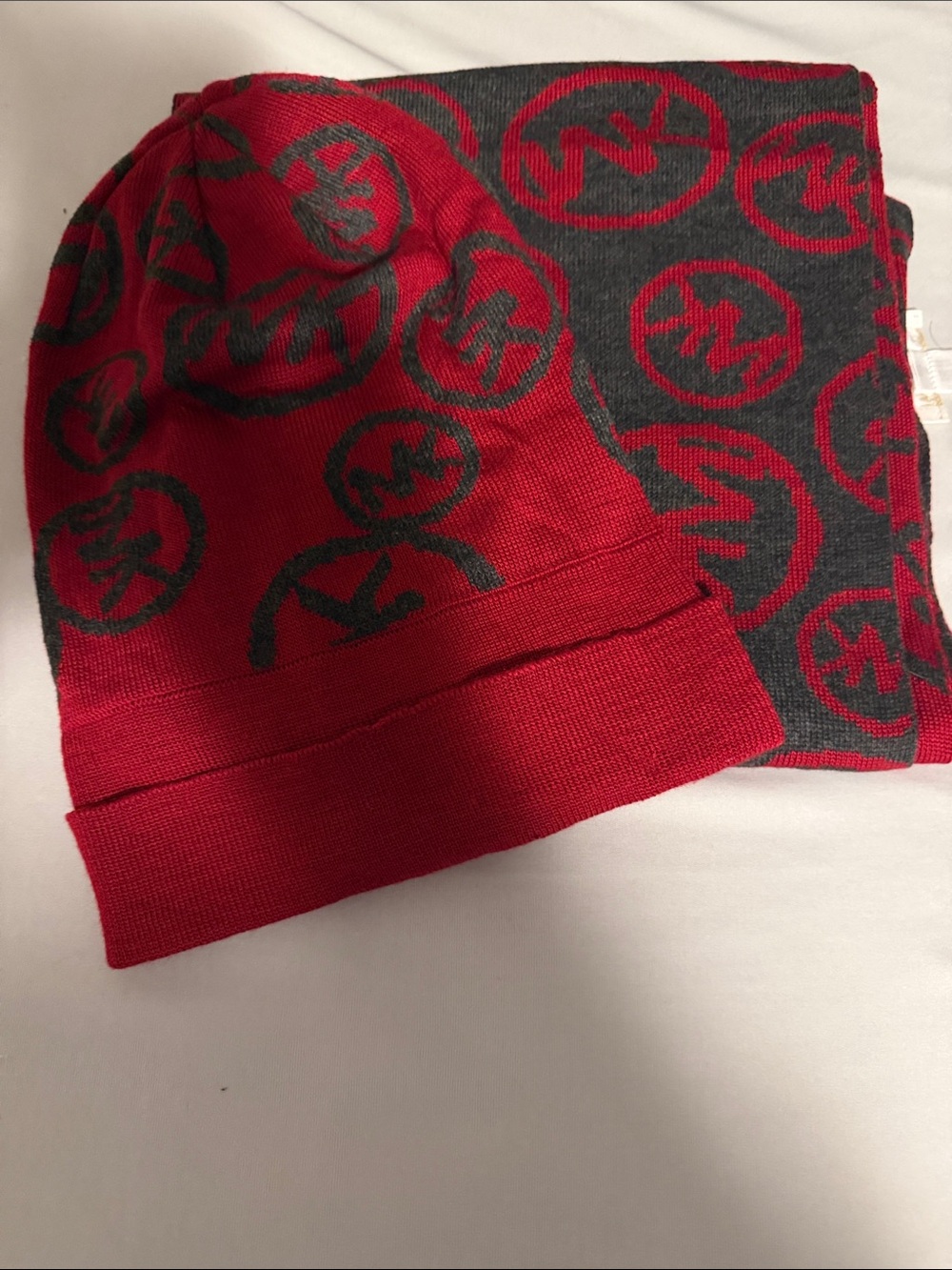 Michael Kors Red and Gray Logo Knit Beanie & Scarf Set